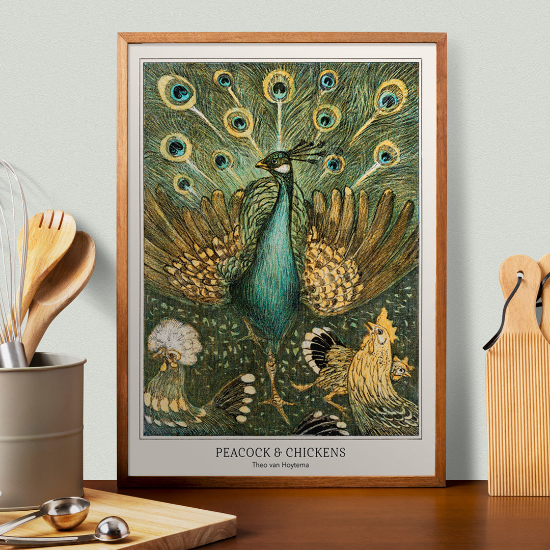 Colorful peacock and chickens artwork vibrant poster by Theo van Hoytema featuring peacock with spread feathers and chickens from Peacock and Chickens, framed and displayed in home decor