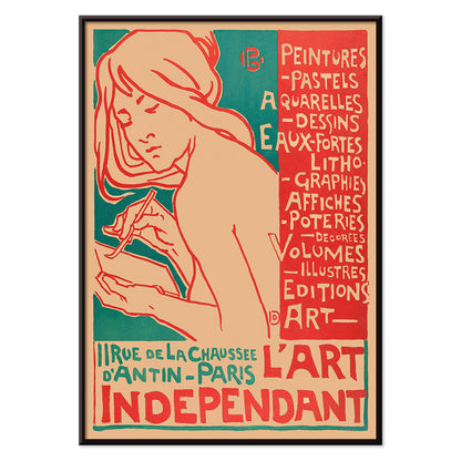 Art Nouveau poster of a woman drawing by Emile Berchmans titled L Art Independant advertising various art forms Paris, with black aluminium frame on white background
