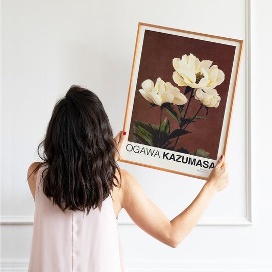 White peony flowers on brown and dark backgrounds from Haerdaceous Peony artwork by Kazumasa Ogawa poster, framed and displayed in home decor