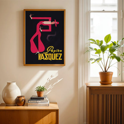 Abstract figure in bright colors pink and red on black background Pepito Vasquez by Tito Livio De Madrazo poster, framed and displayed in modern living room decor