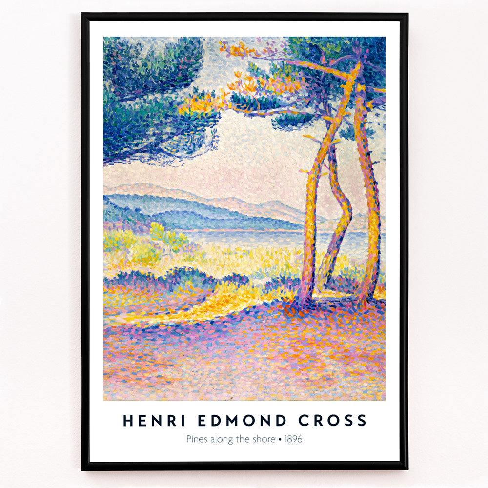 Closeup detail of Colorful seascape poster of Pines Along the Shore by Henri Edmond Cross featuring vibrant pine trees and pointillist landscape