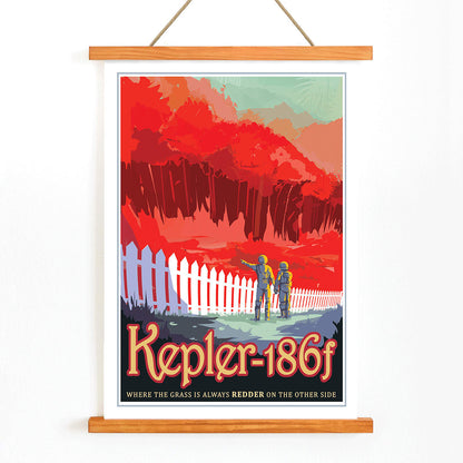 Two astronauts on Kepler-186f with red grass and trees NASA artwork poster wall decor, with wooden magnetic frame on white background