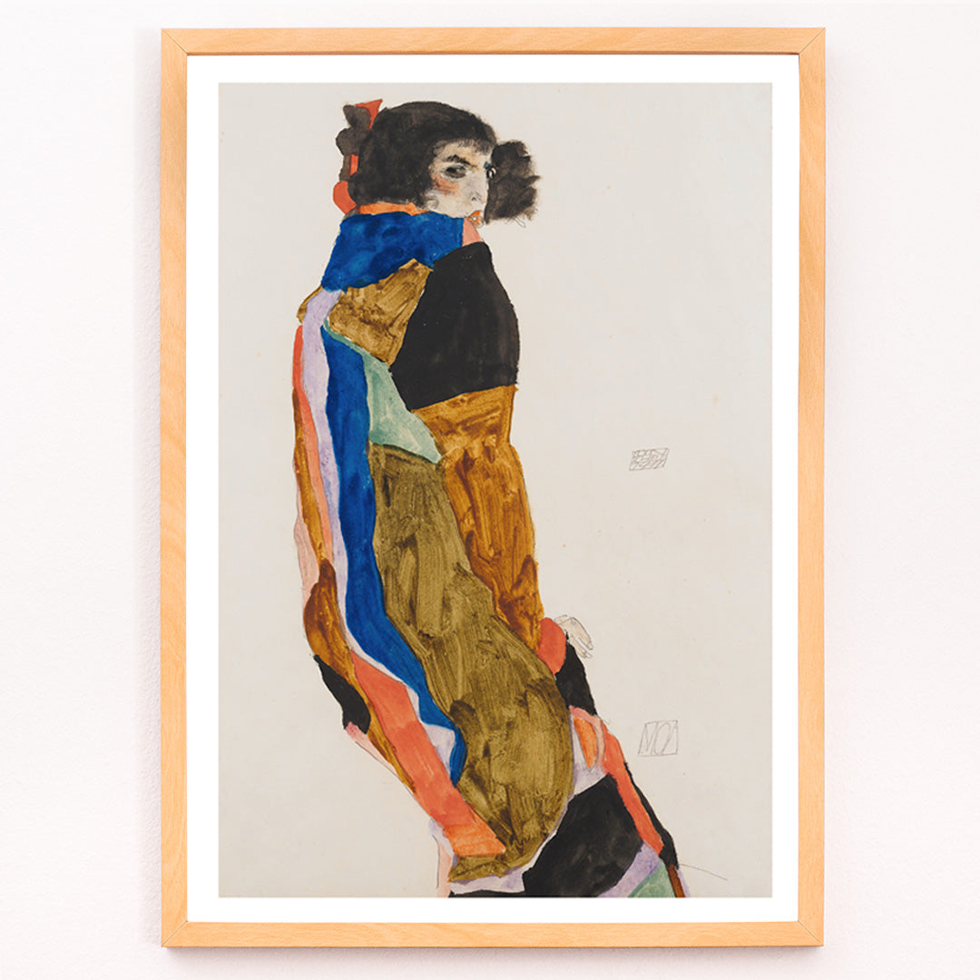 Closeup detail of Colorful portrait poster of a woman in a patterned robe looking back Moa by Egon Schiele expressive art print