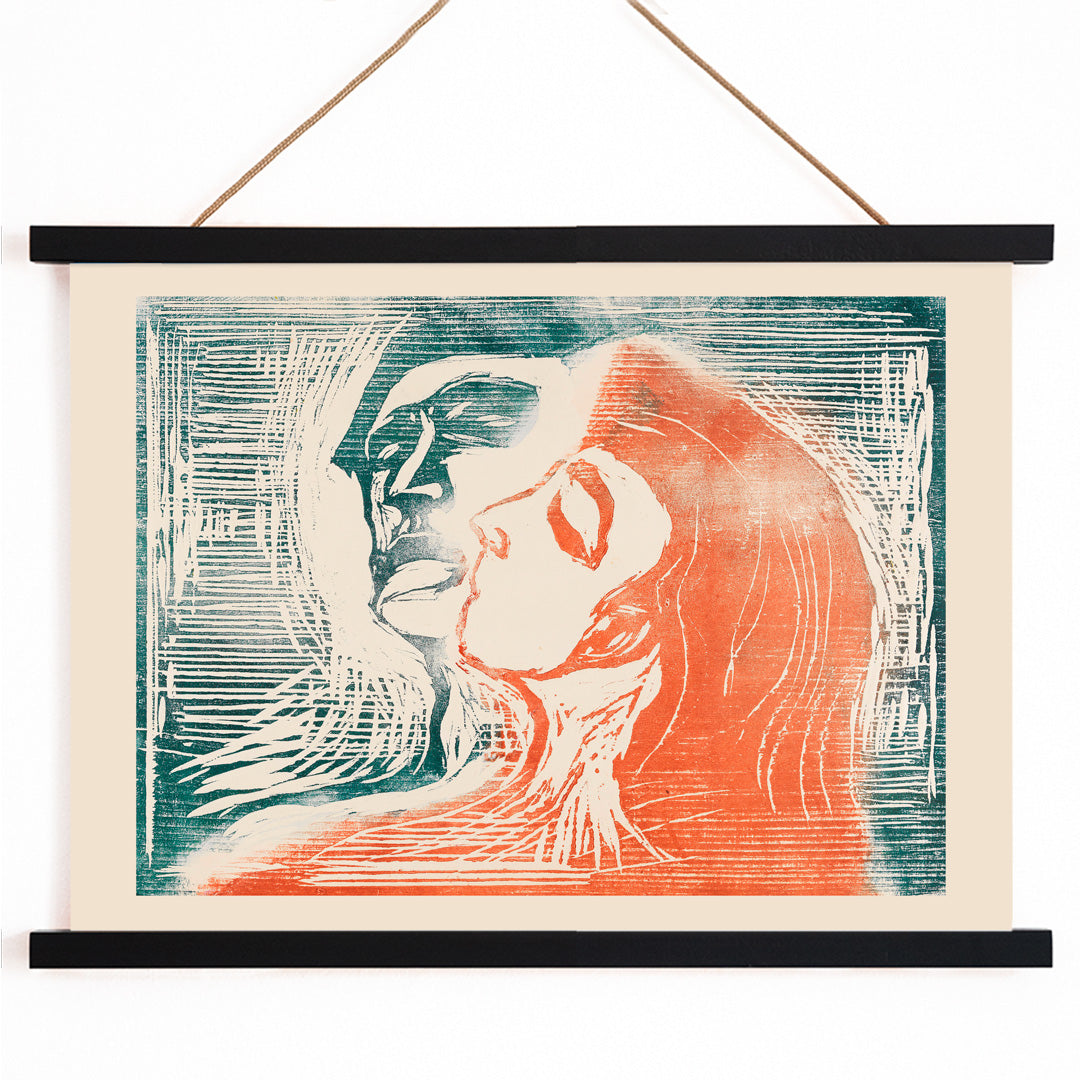 Head by Head by Edvard Munch poster showing man and woman kissing with expressive faces and abstract lines artwork, with wooden magnetic frame on white background