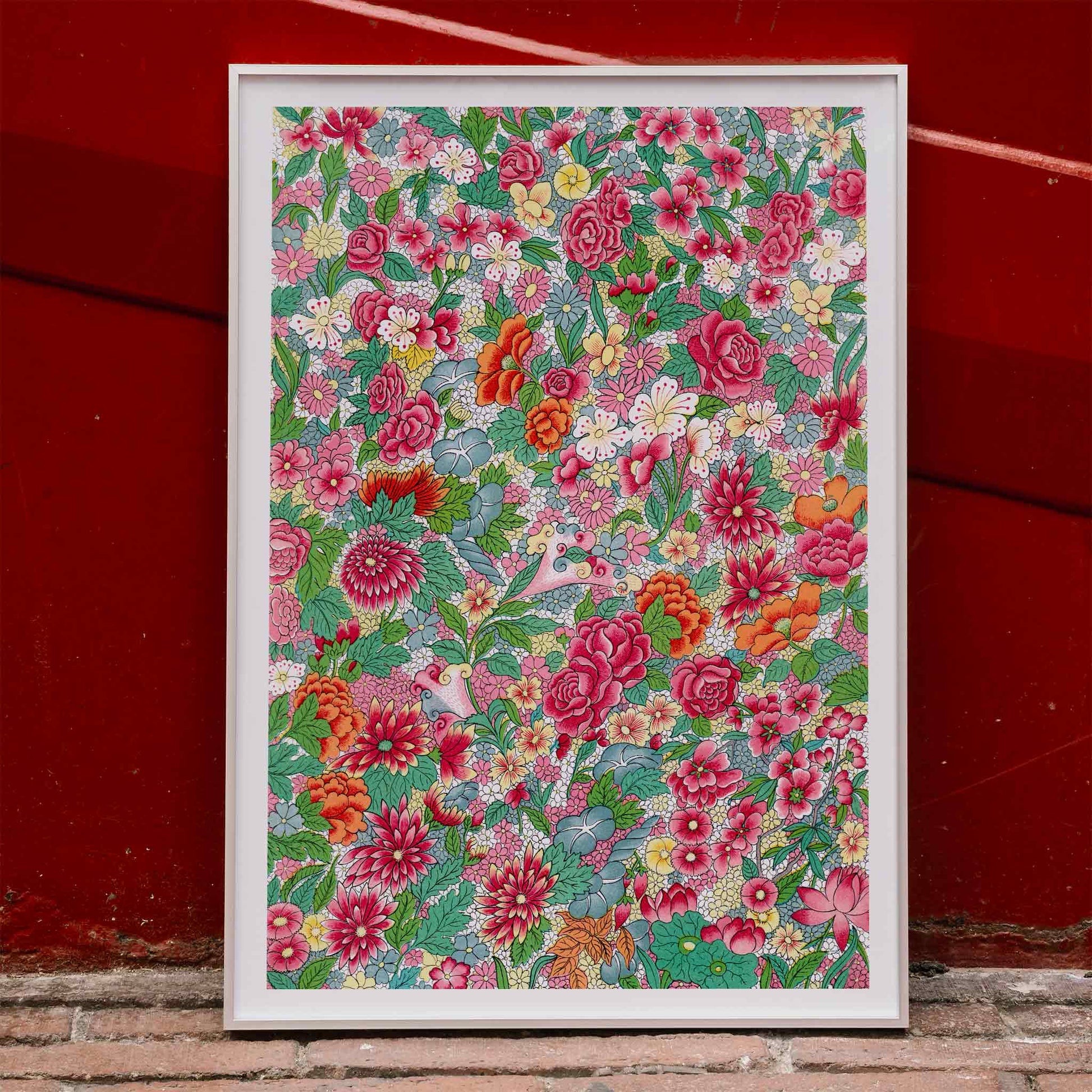 Vibrant floral pattern artwork by Owen Jones featuring intricate blossoms and foliage colorful flower design poster, framed and displayed in home decor