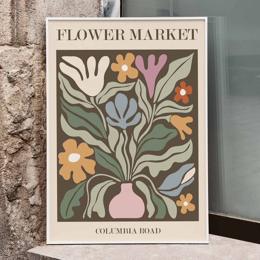 Colorful floral artwork poster Flower Market Columbia Road by Moryarty featuring abstract flowers in a vase, framed and displayed in home decor