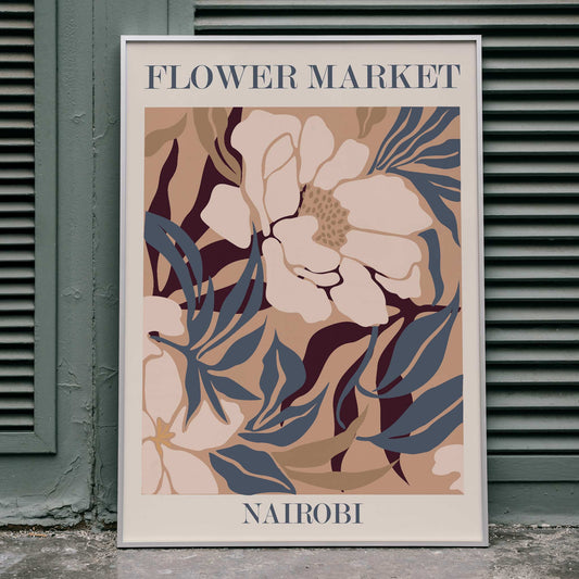 Floral artwork poster Flower Market Nairobi by Moryarty featuring abstract floral design in soft brown beige and blue hues, framed and displayed in home decor