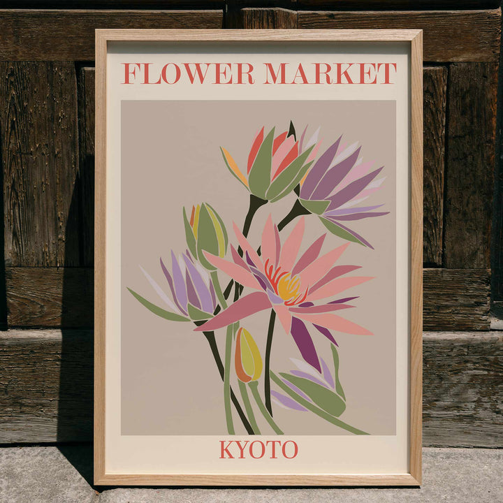 Colorful botanical flowers on beige background Flower Market Kyoto poster illustration by Moryarty, framed and displayed in home decor