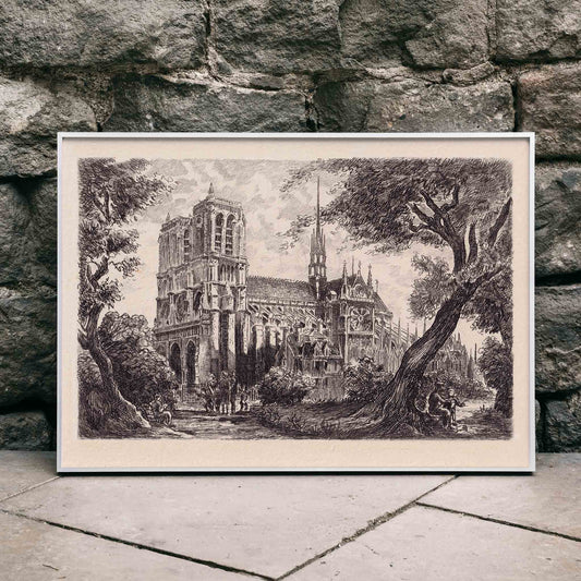 Artistic poster of Notre Dame de Paris cathedral surrounded by trees and people in a scenic landscape, framed and displayed in home decor