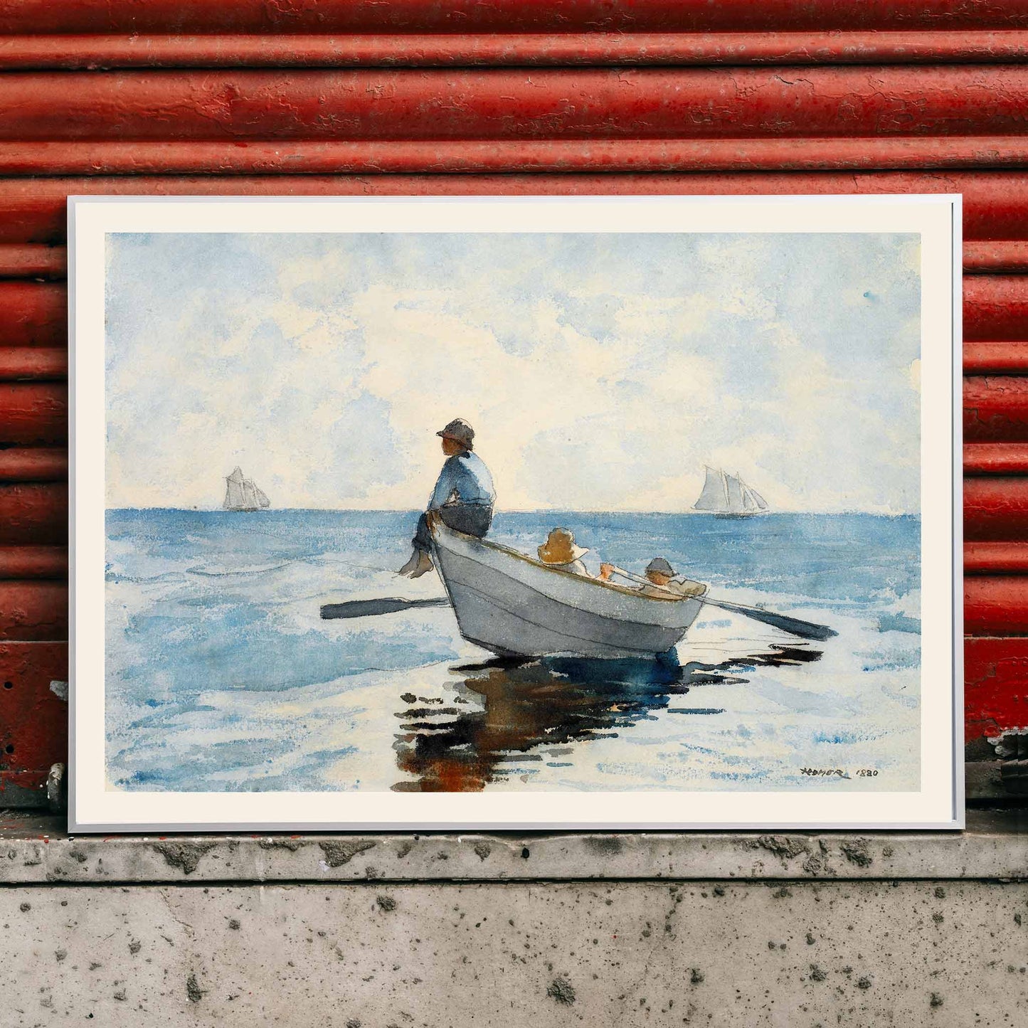 Boys in a Dory by Winslow Homer three boys relaxing in a rowboat on calm blue ocean with distant sailboats, framed and displayed in home decor
