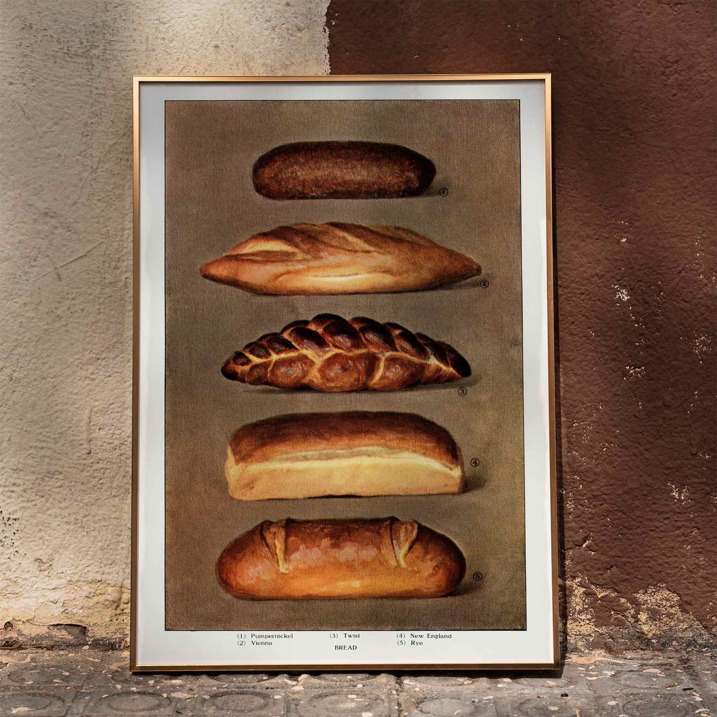 Vintage illustration and poster of assorted bread loaves from The Grocers Encyclopedia classic artwork, framed and displayed in home decor