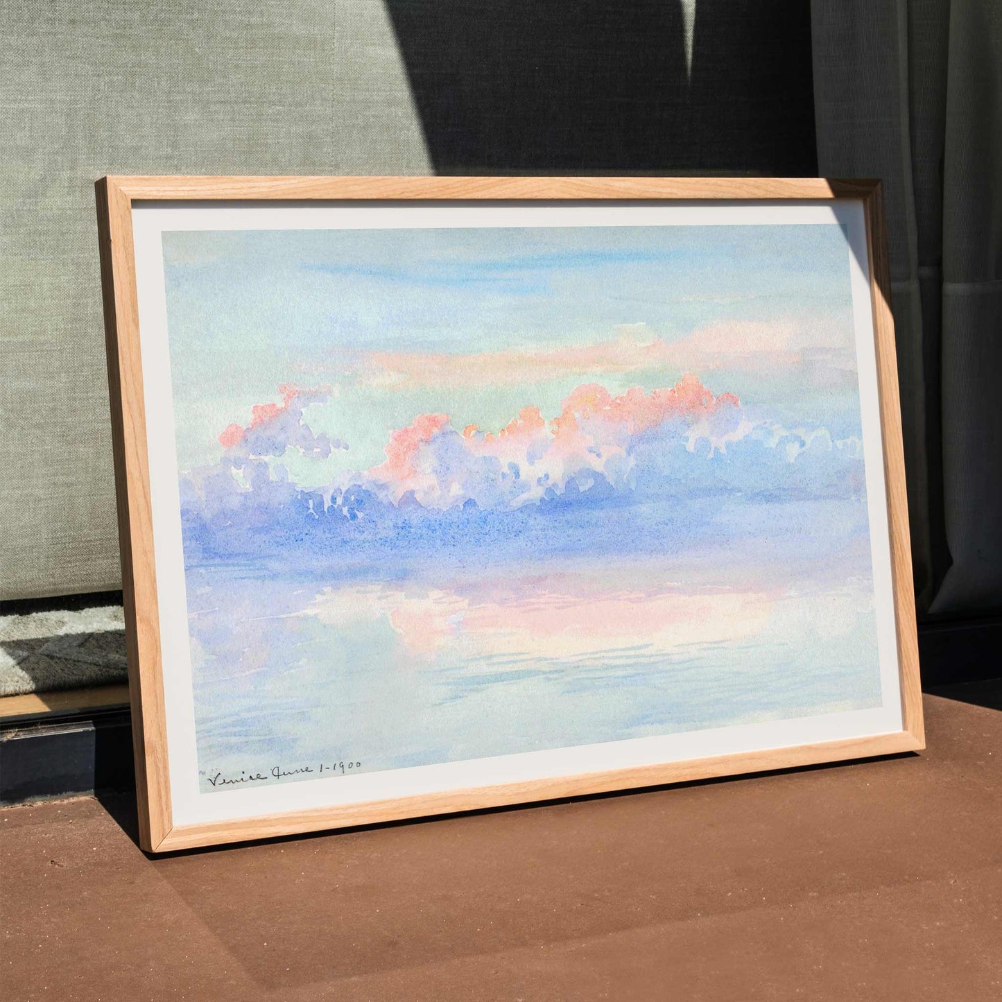 Serene pastel sky and clouds over Venice reflected on water watercolor and poster by George Elbert Burr, framed and displayed in home decor