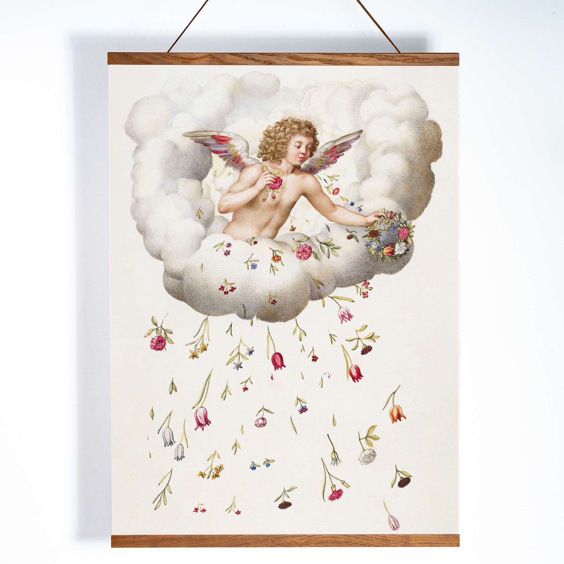 Angel or cherub with wings sitting on a cloud scattering flowers La Guirlande de Julie illustration artwork poster, with wooden magnetic frame on white background