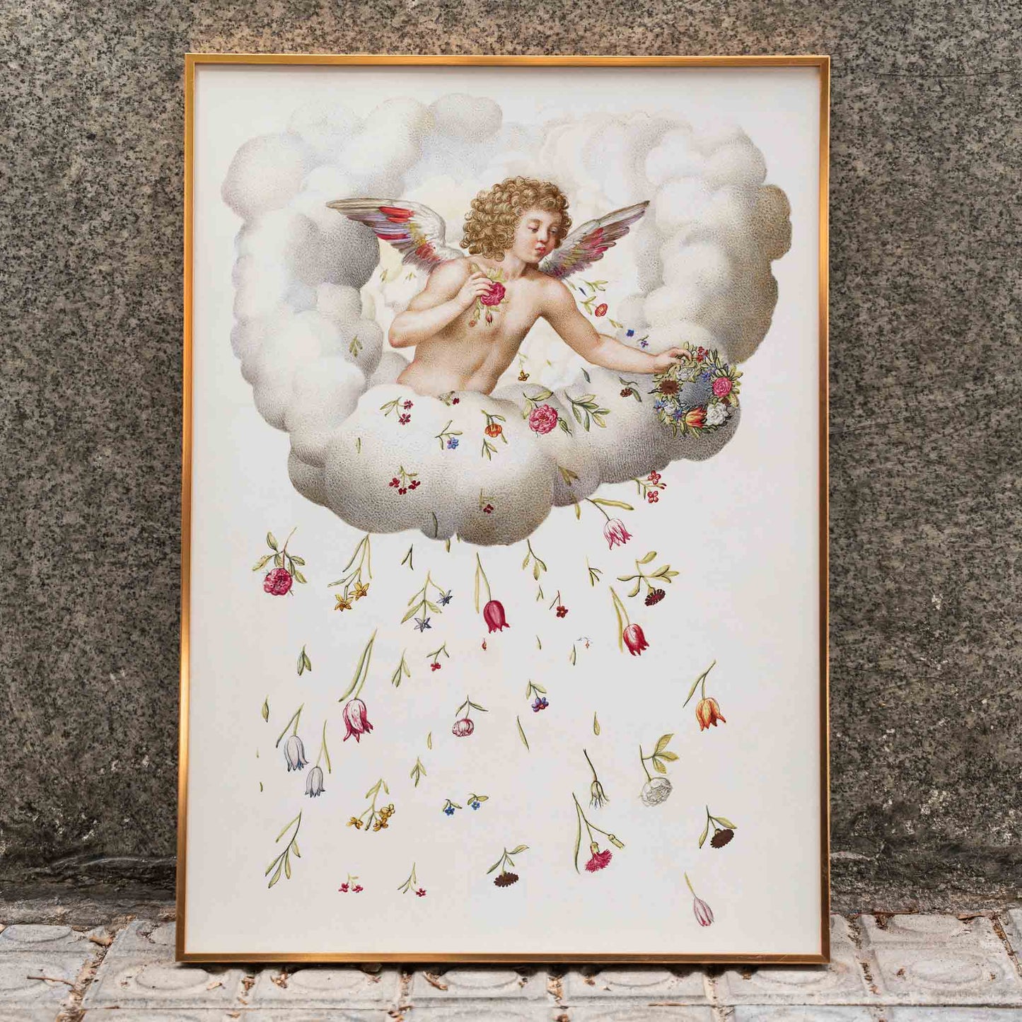 Angel or cherub with wings sitting on a cloud scattering flowers La Guirlande de Julie illustration artwork poster, framed and displayed in modern living room decor