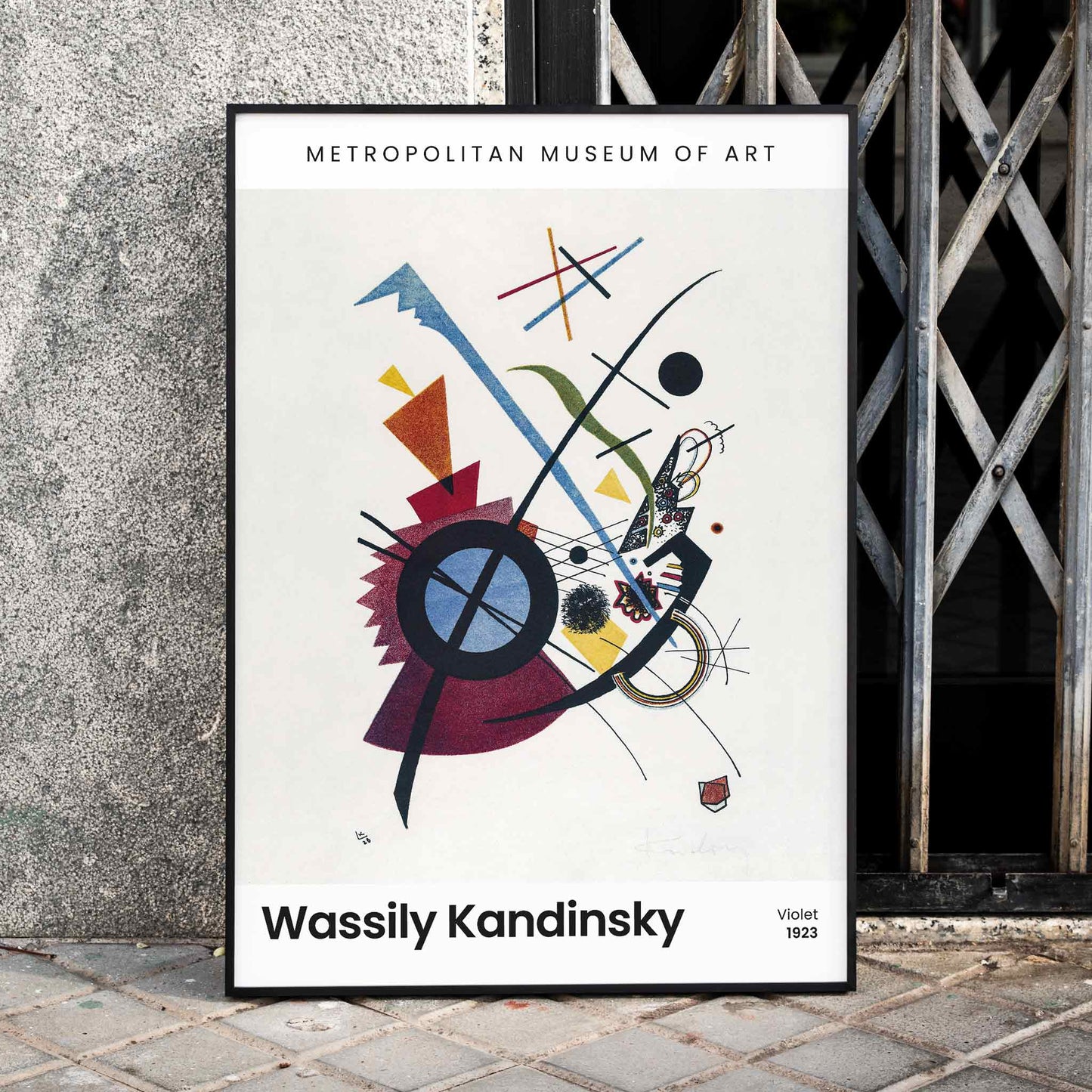 Abstract geometric art print with vibrant colors and shapes Violet by Wassily Kandinsky, framed and displayed in home decor