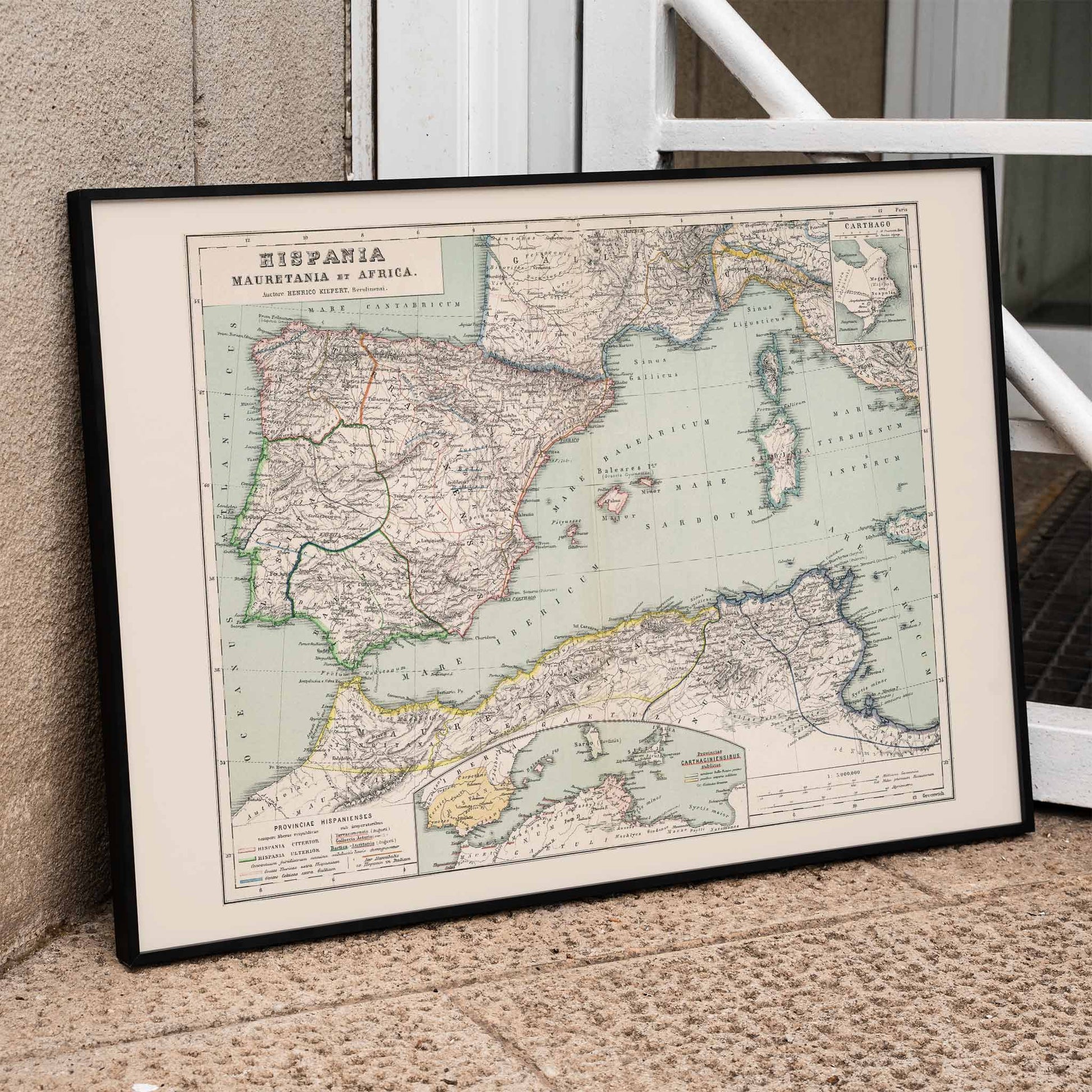 Vintage map illustration of Hispania Mauretania and Africa by Kiepert Heinrich showing detailed geographical features, framed and displayed in home decor