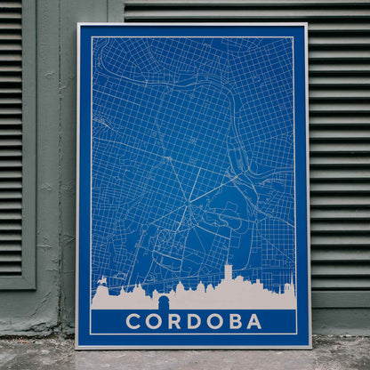 Cordoba Minimalist Map artwork and poster with blue and white grid design and city skyline silhouette, framed and displayed in home decor