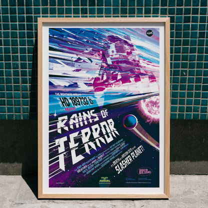 Colorful sci fi poster titled Rains of Terror by NASA featuring a dramatic alien storm scene vivid colors planets and dynamic space artwork, framed and displayed in home decor