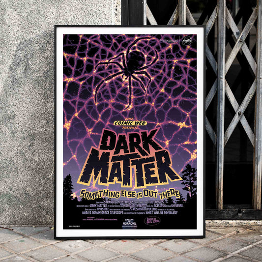 NASA Dark Matter poster featuring a cosmic web and spider silhouette with vibrant colors and text reading Dark Matter Something Else is Out There, framed and displayed in home decor