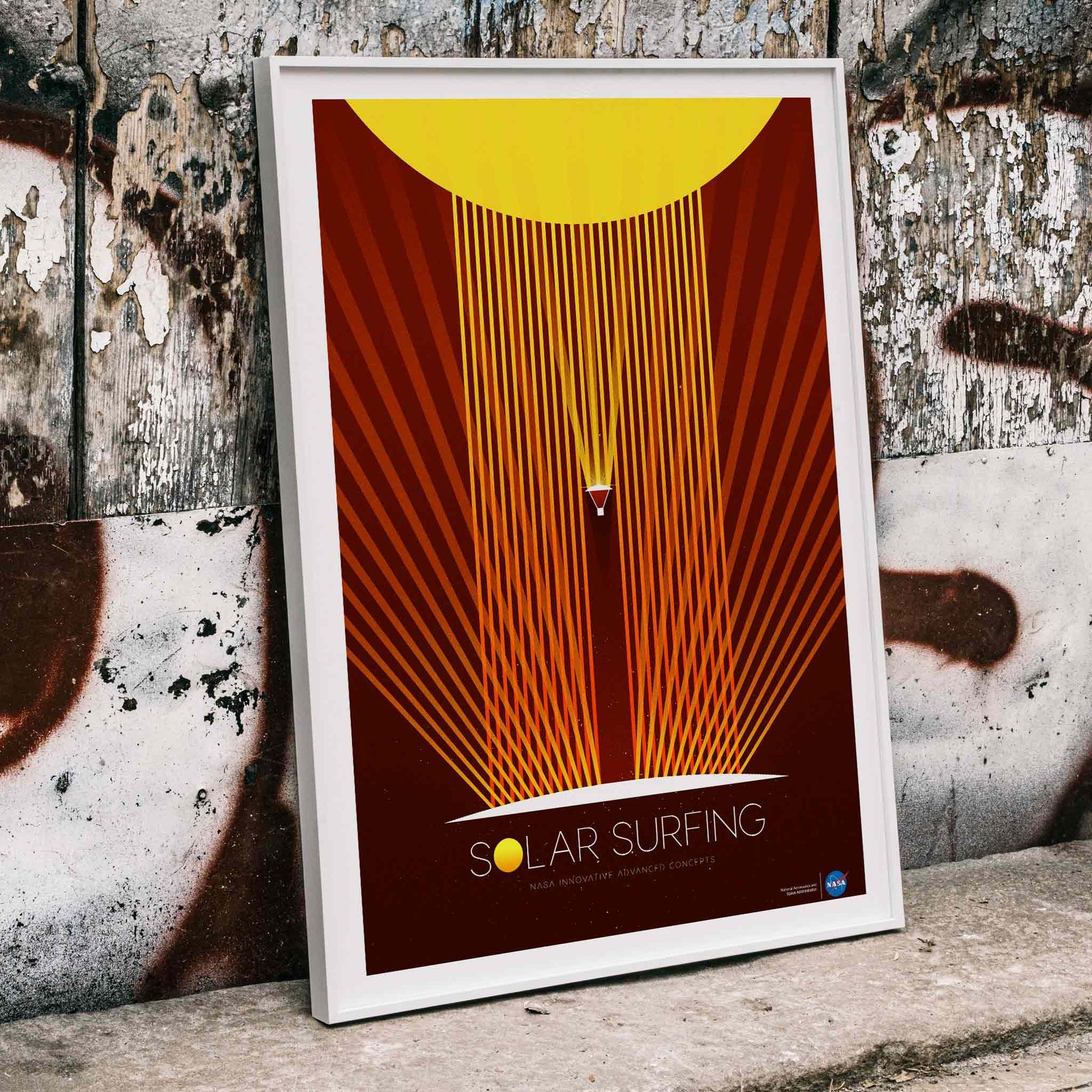 Solar Surfing by NASA poster featuring a stylized spacecraft surfing solar flares from a bright yellow sun with orange rays and geometric design, framed and displayed in home decor