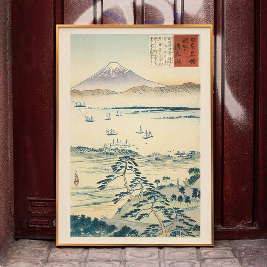 Mount Fuji with sailing boats and trees by Kobayashi Kiyochika Japanese landscape poster, framed and displayed in home decor