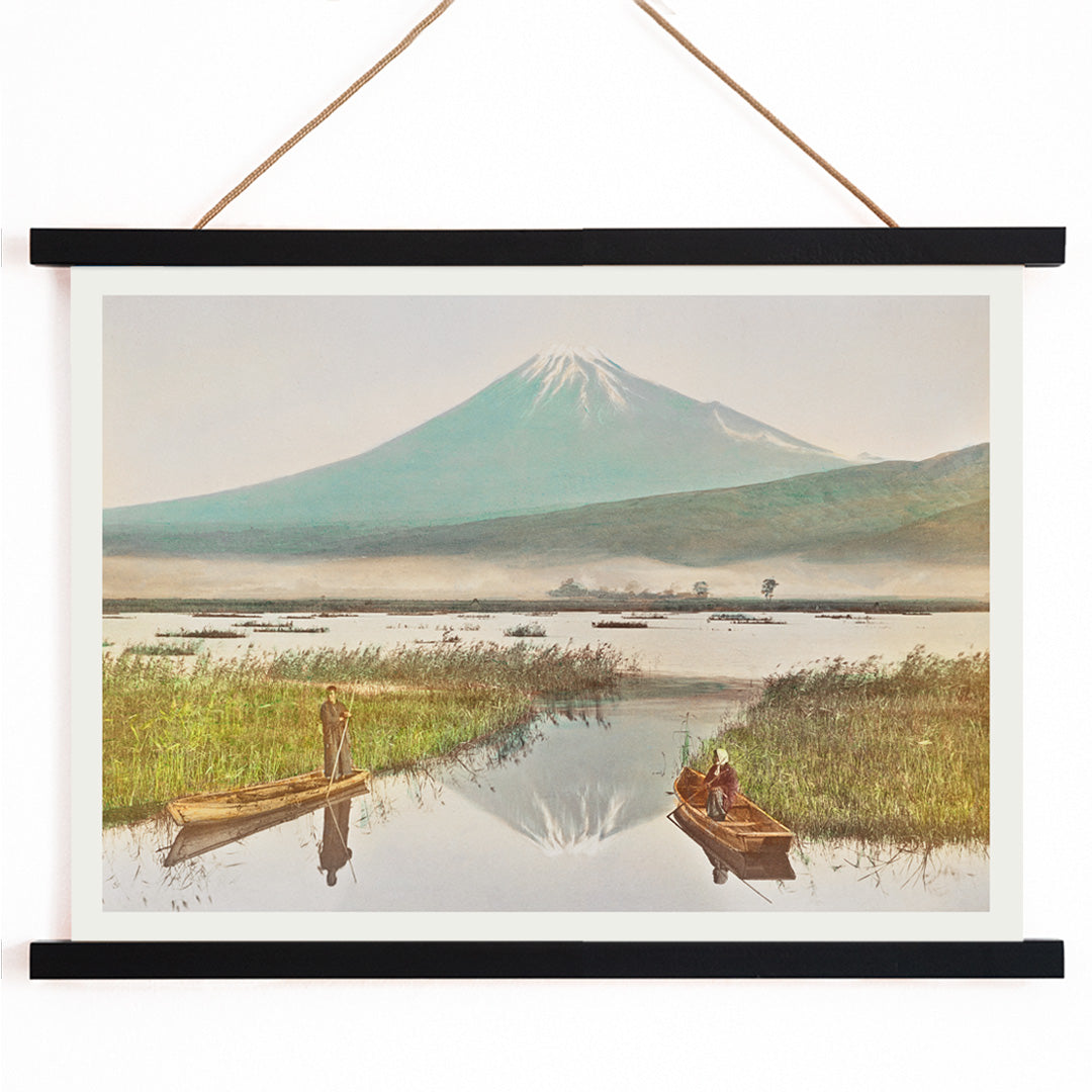 Mount Fuji from Kashiwabara with boats on tranquil lake hand colored albumen print and poster by Kazumasa Ogawa, with wooden magnetic frame on white background