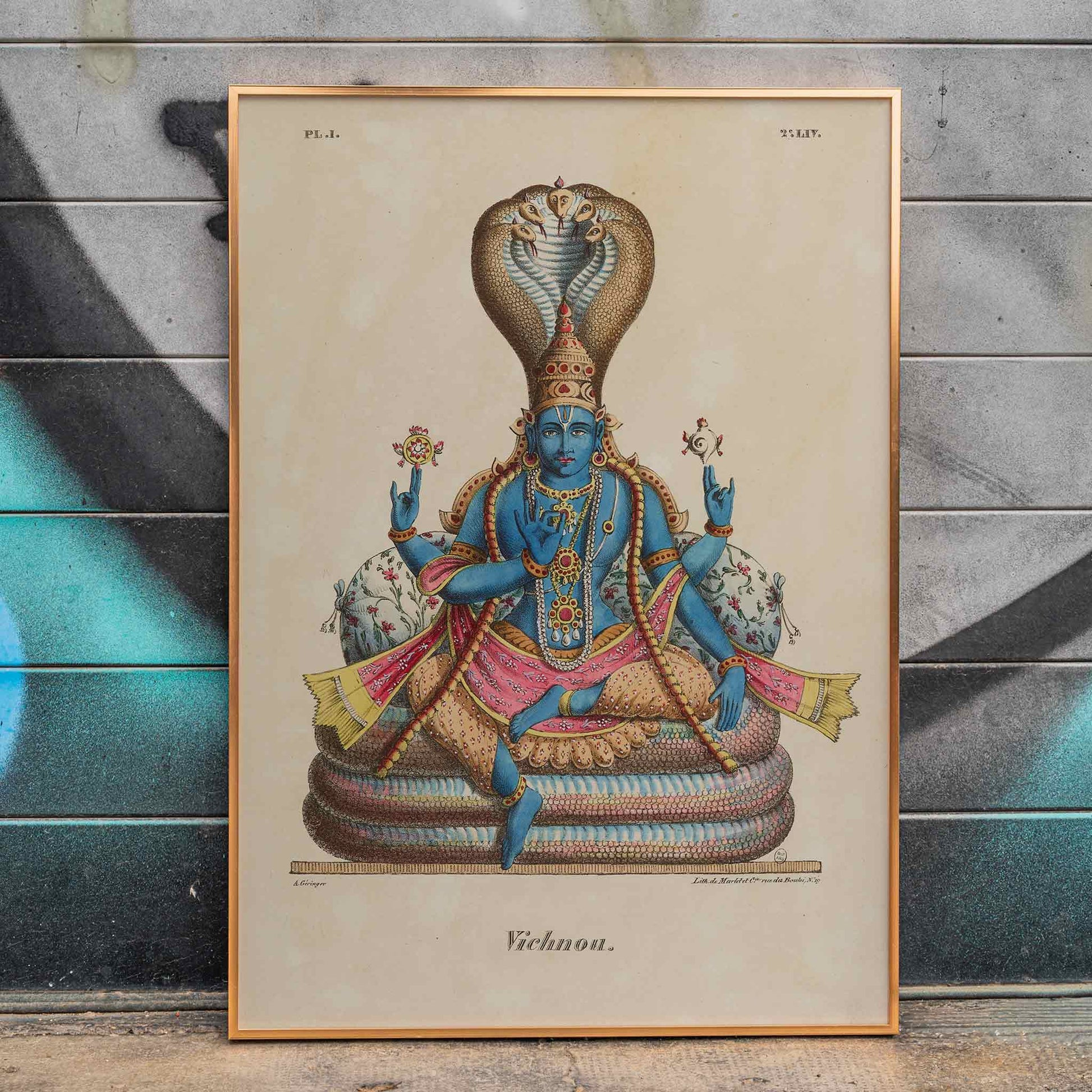 Vishnu seated on serpent throne in traditional attire artwork by Jean-Jacques Chabrelie titled Vishnou L Inde francaise illustration and poster, framed and displayed in home decor