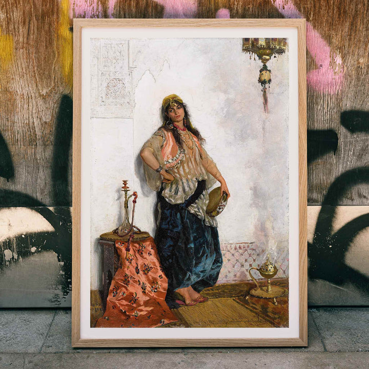 Oriental dancer painting by Cesare Biseo featuring a woman in traditional attire with a hookah ornate backdrop table and lamp, framed and displayed in home decor