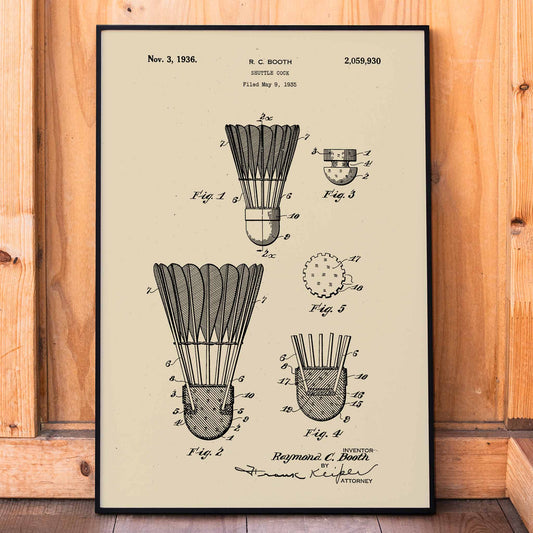 Shuttle Cock patent illustration and poster by R C Booth featuring detailed technical badminton shuttlecock diagrams and artwork, framed and displayed in home decor