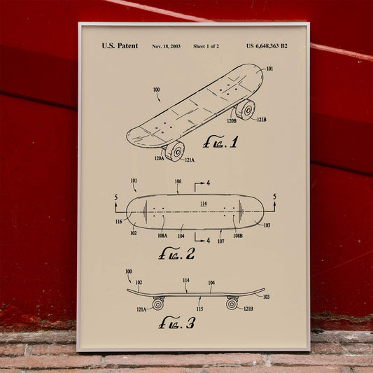 Skateboard patent drawing and technical poster by US Patents ideal wall art decor, framed and displayed in home decor