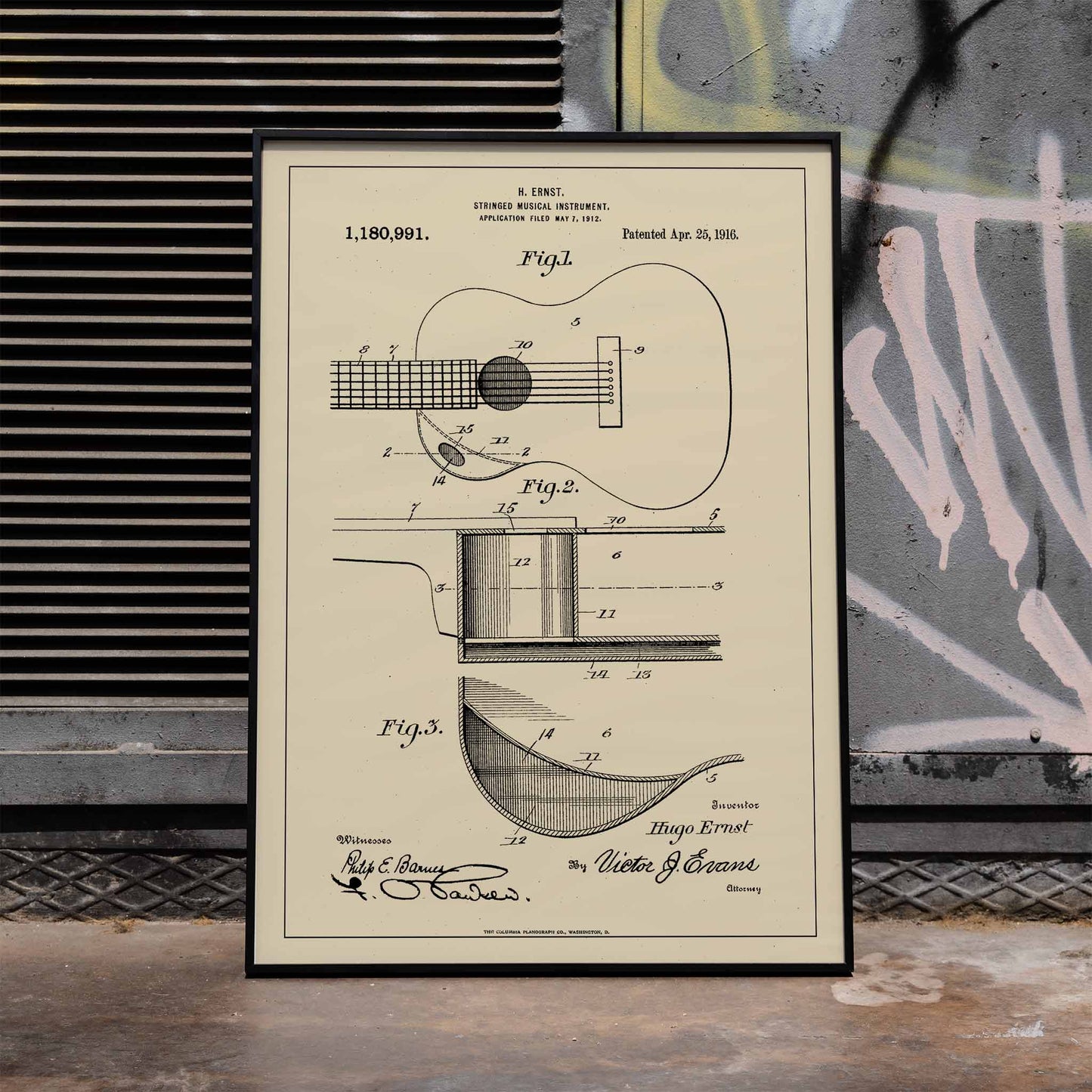 Musical Instrument Patent by H Ernst with detailed technical drawings of a stringed instrument and guitar patent illustration poster, framed and displayed in home decor