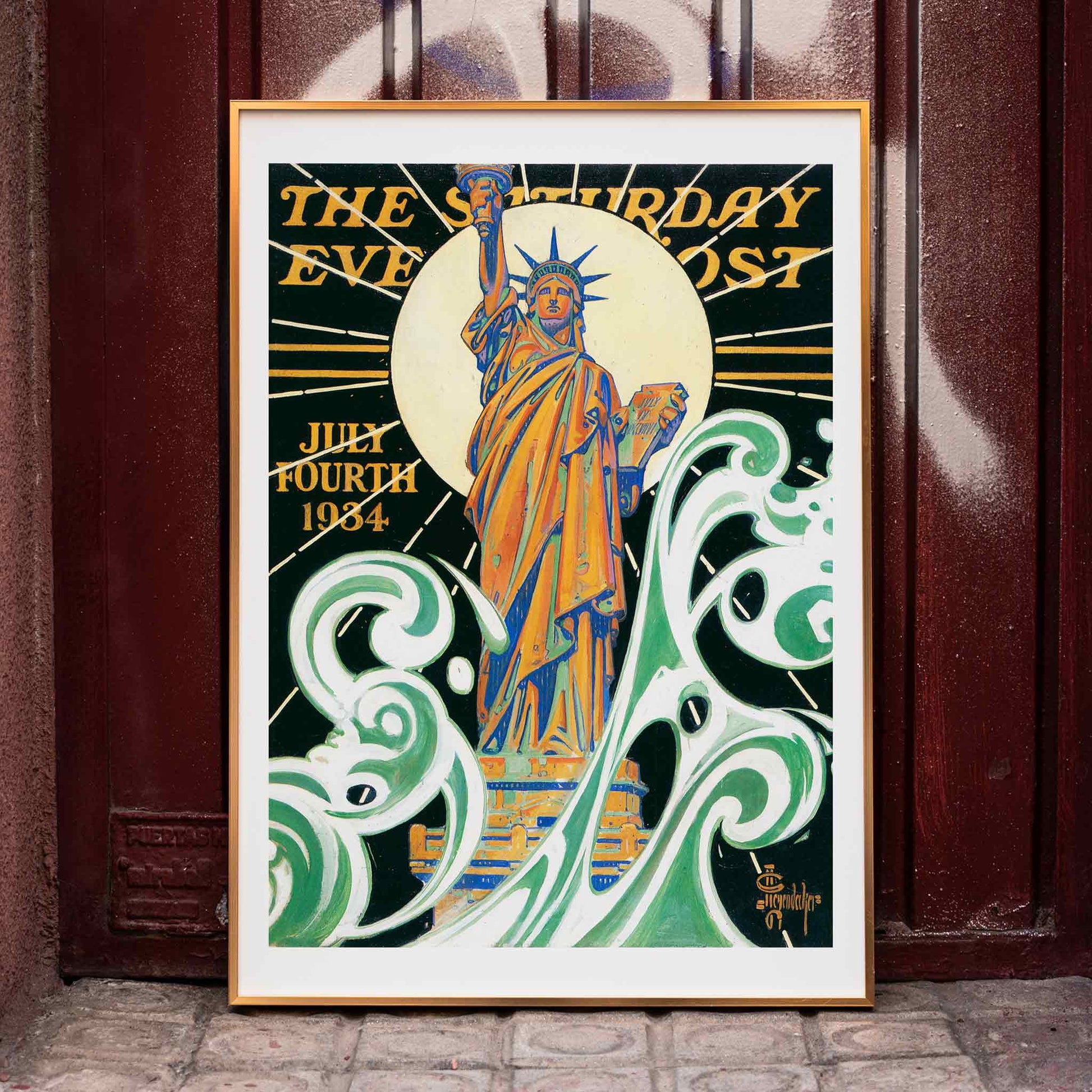 Colorful Statue of Liberty artwork with bold waves and sunburst by J C Leyendecker poster titled Statue of Liberty, framed and displayed in home decor