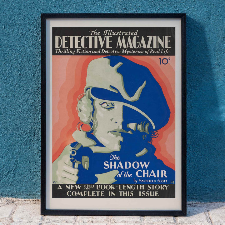 Detective Magazine cover and poster artwork by Winold Reiss featuring The Shadow of the Chair and a blue and red illustration of a person in a hat with a gun, framed and displayed in home decor