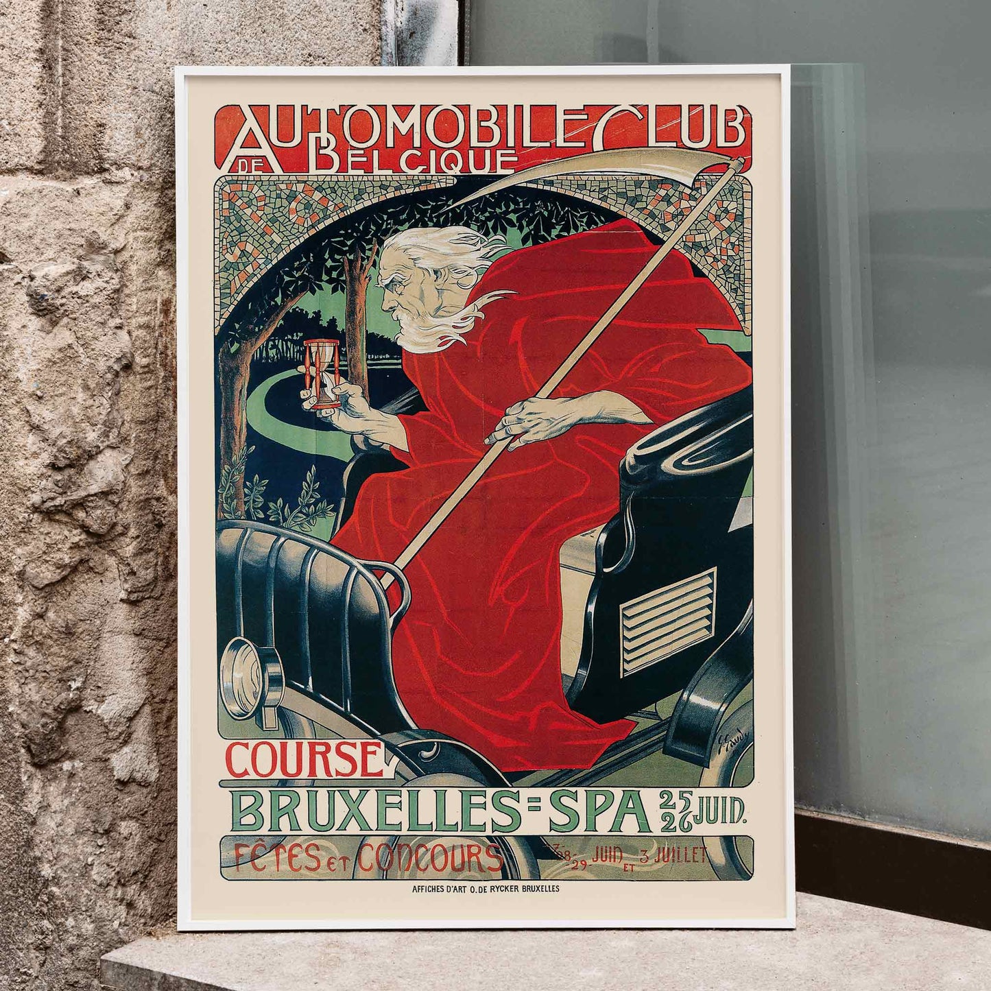 Automobile Club Belgique Course Bruxelles Spa poster by Georges Gaudy featuring a classic car driver and a figure in red cloak holding hourglass, framed and displayed in home decor