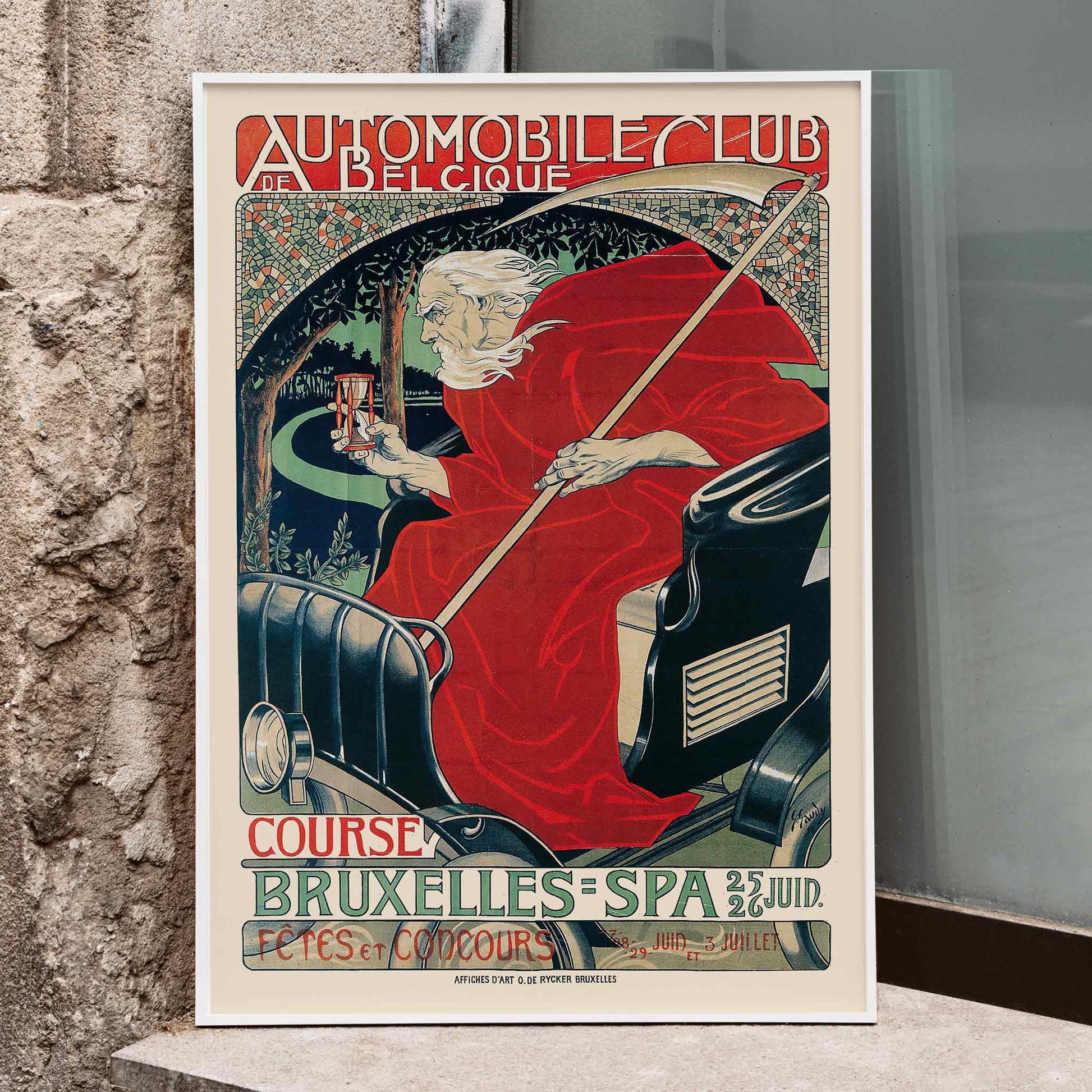 Automobile Club Belgique Course Bruxelles Spa poster by Georges Gaudy featuring a classic car driver and a figure in red cloak holding hourglass, framed and displayed in home decor
