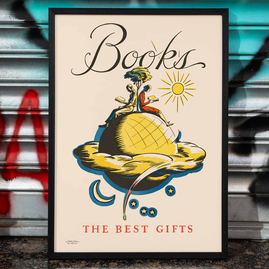 Books the Best Gifts by Edward Arthur Wilson poster with vibrant whimsical illustration of readers on a globe and celestial motifs, framed and displayed in home decor