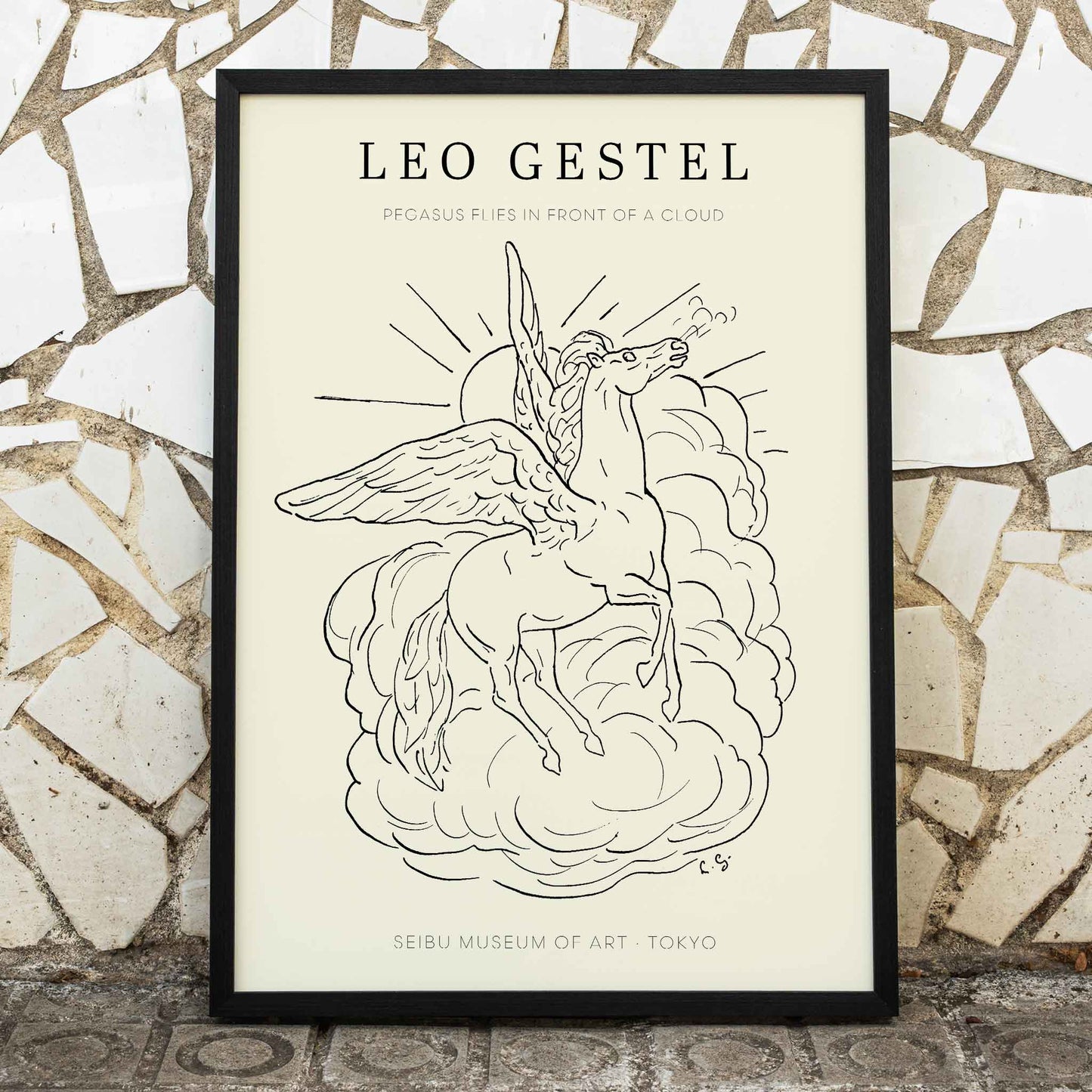 Pegasus flying in front of clouds line drawing illustration by Leo Gestel poster, framed and displayed in home decor