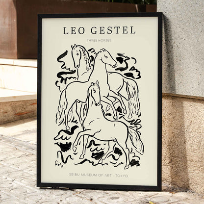 Three Horses by Leo Gestel black and white illustration of three horses in dynamic poses poster, framed and displayed in home decor