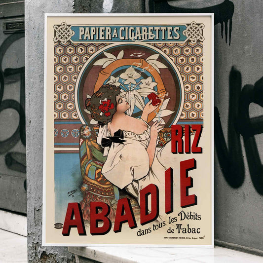 Art nouveau posters by Alphonse Mucha featuring women with floral backgrounds and Riz Abadie cigarette papers, framed and displayed in home decor