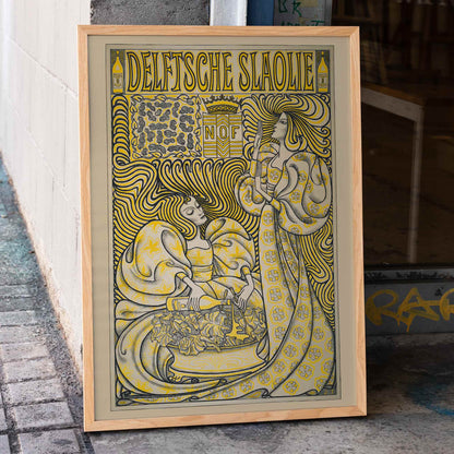 Poster of two women in flowing dresses with decorative swirling patterns and a salad oil bottle Delft Salad Oil by Jan Toorop, framed and displayed in home decor