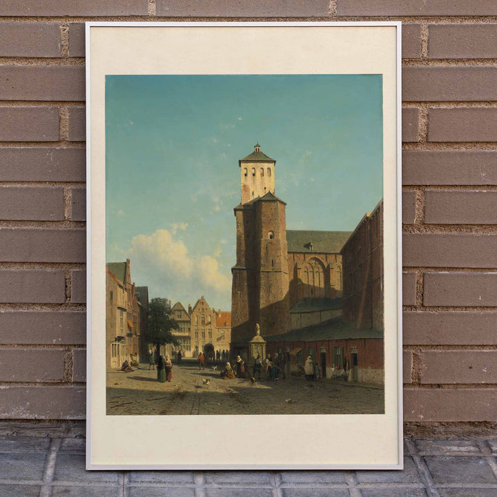 St Denis Church in Liege painting by Jan Weissenbruch showing people in a sunlit city square poster artwork, framed and displayed in home decor