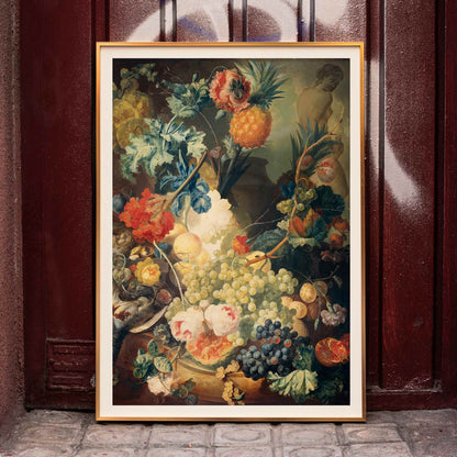 Vibrant flowers fruit and birds in classical artwork Flowers Fruit and Birds by Jan van Os poster still life, framed and displayed in home decor