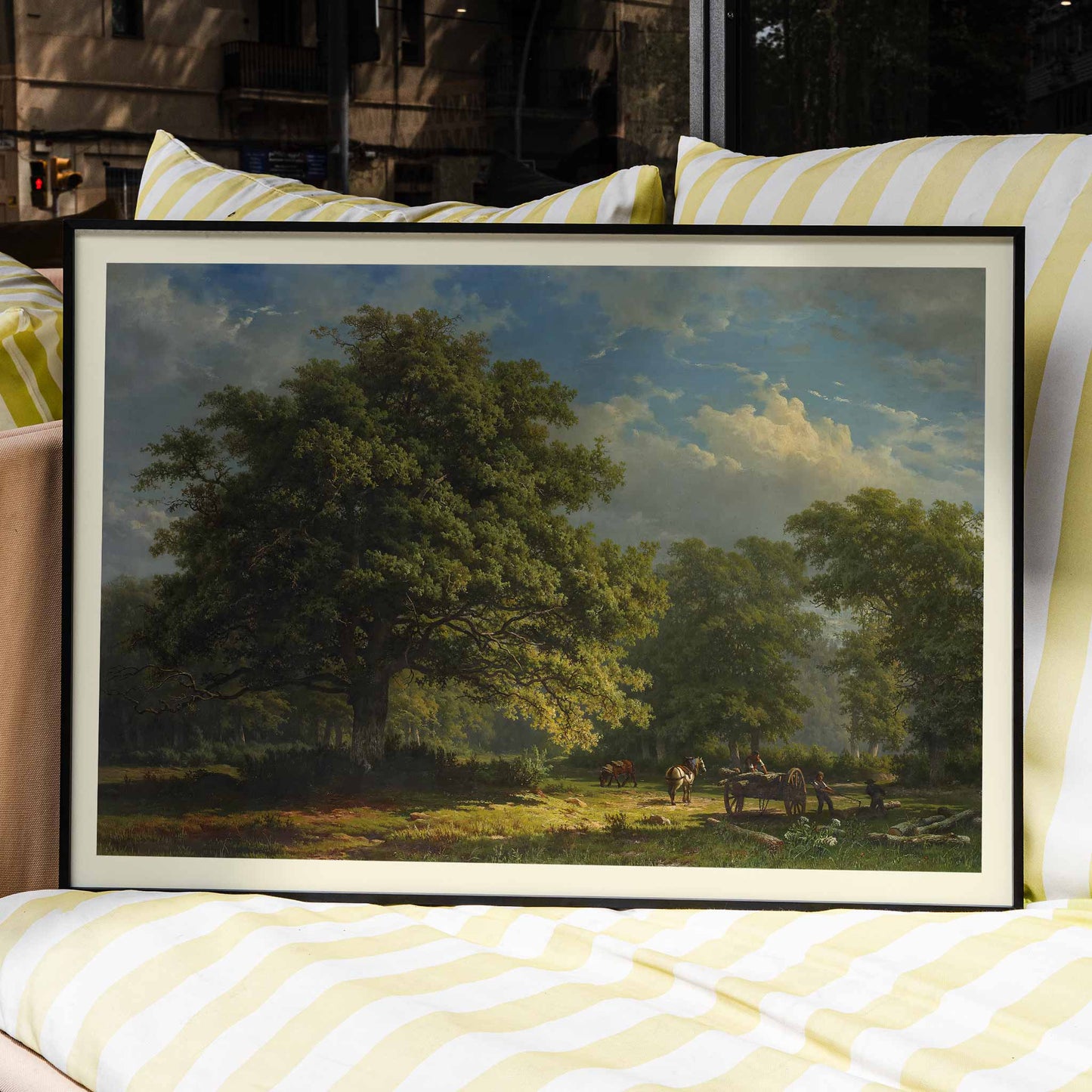 Pastoral landscape poster of The Bentheim Forest by George Andries Roth showing lush green forest large trees and people working with horses, framed and displayed in home decor