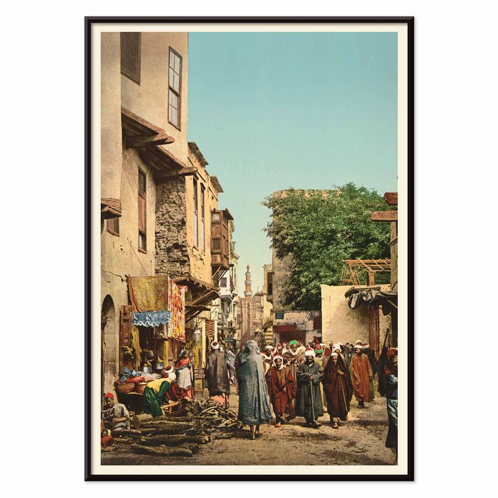 Street scene in North Africa vibrant market view busy street with people artwork by unknown artist poster, with black aluminium frame on white background