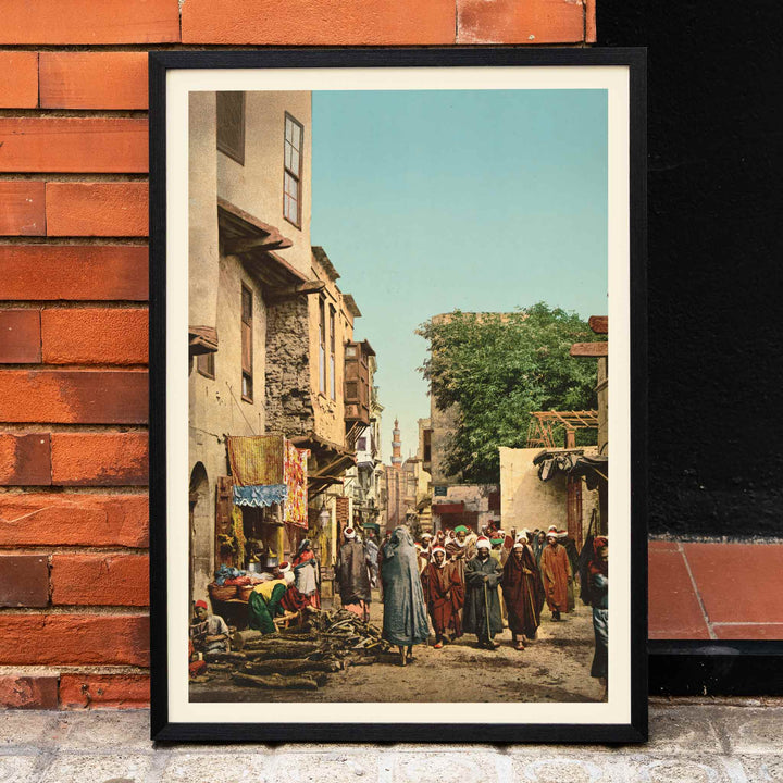 Street scene in North Africa vibrant market view busy street with people artwork by unknown artist poster, framed and displayed in home decor
