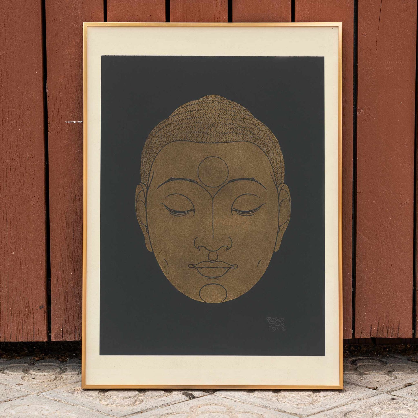 Minimalist golden Buddha head illustration artwork by Reijer Stolk on dark background poster titled Head of Buddha, framed and displayed in home decor