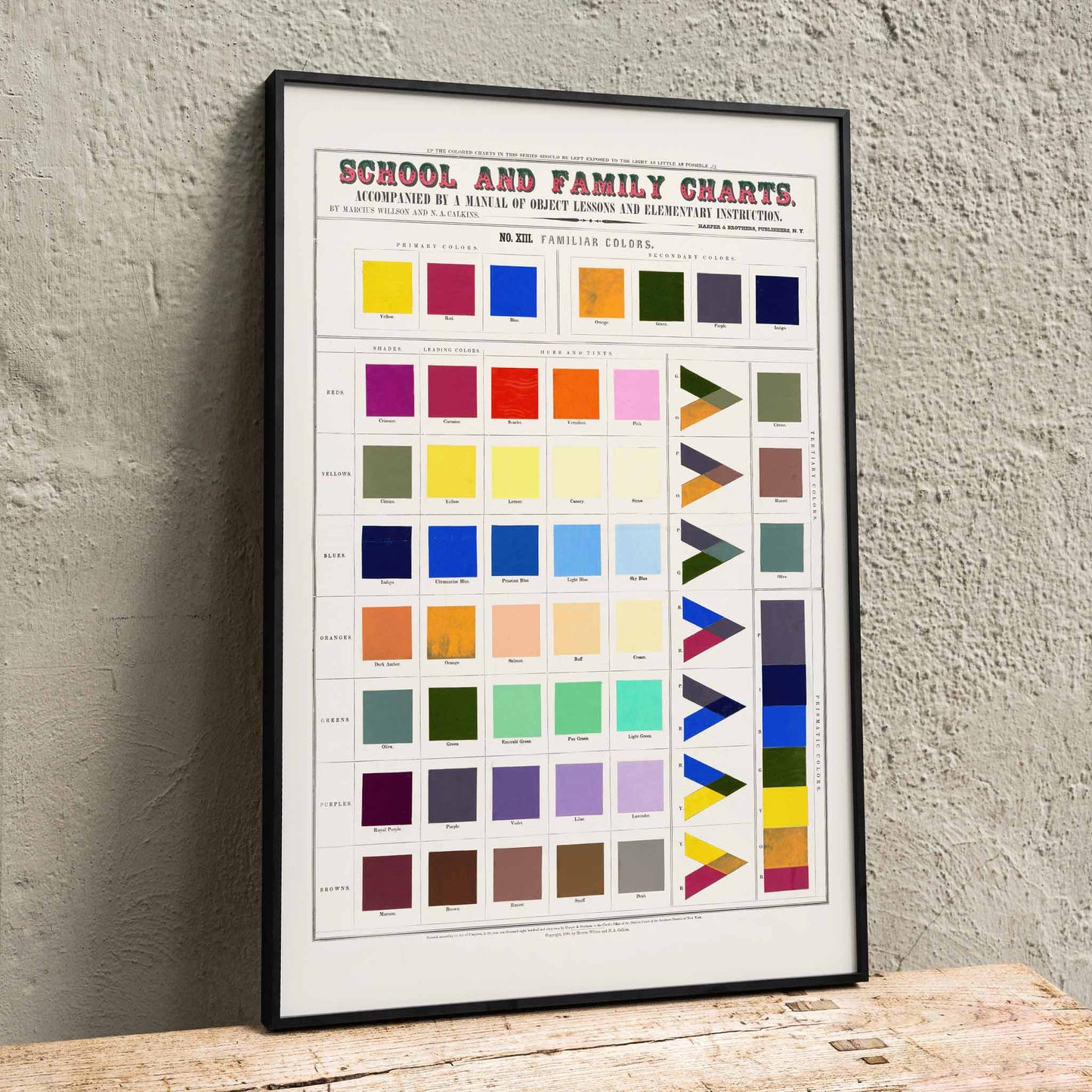 School and family charts by Marcius Willson featuring familiar colors artwork with a poster displaying color squares and triangles titled Familiar colors, framed and displayed in home decor