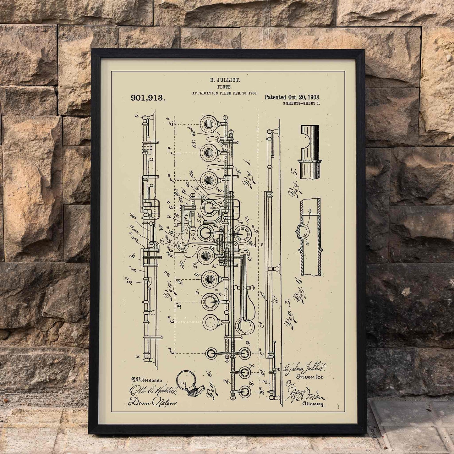 Flute Patent by D Julliot with detailed technical drawings and annotations on a vintage background poster, framed and displayed in home decor