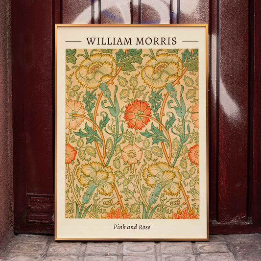 Floral pattern artwork Pink and Rose by William Morris with intricate botanical design decorative leaves and detailed flowers poster, framed and displayed in home decor