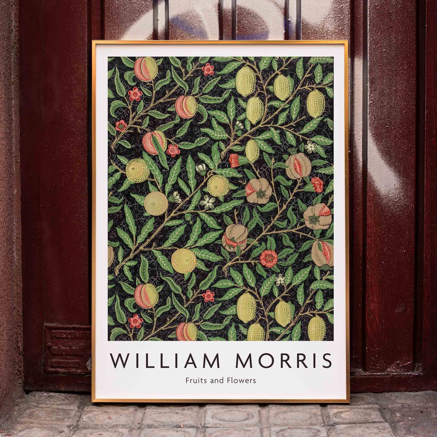 Colorful fruit and floral pattern artwork by William Morris featuring detailed branches leaves and vibrant fruits ideal for home decor, framed and displayed in home decor